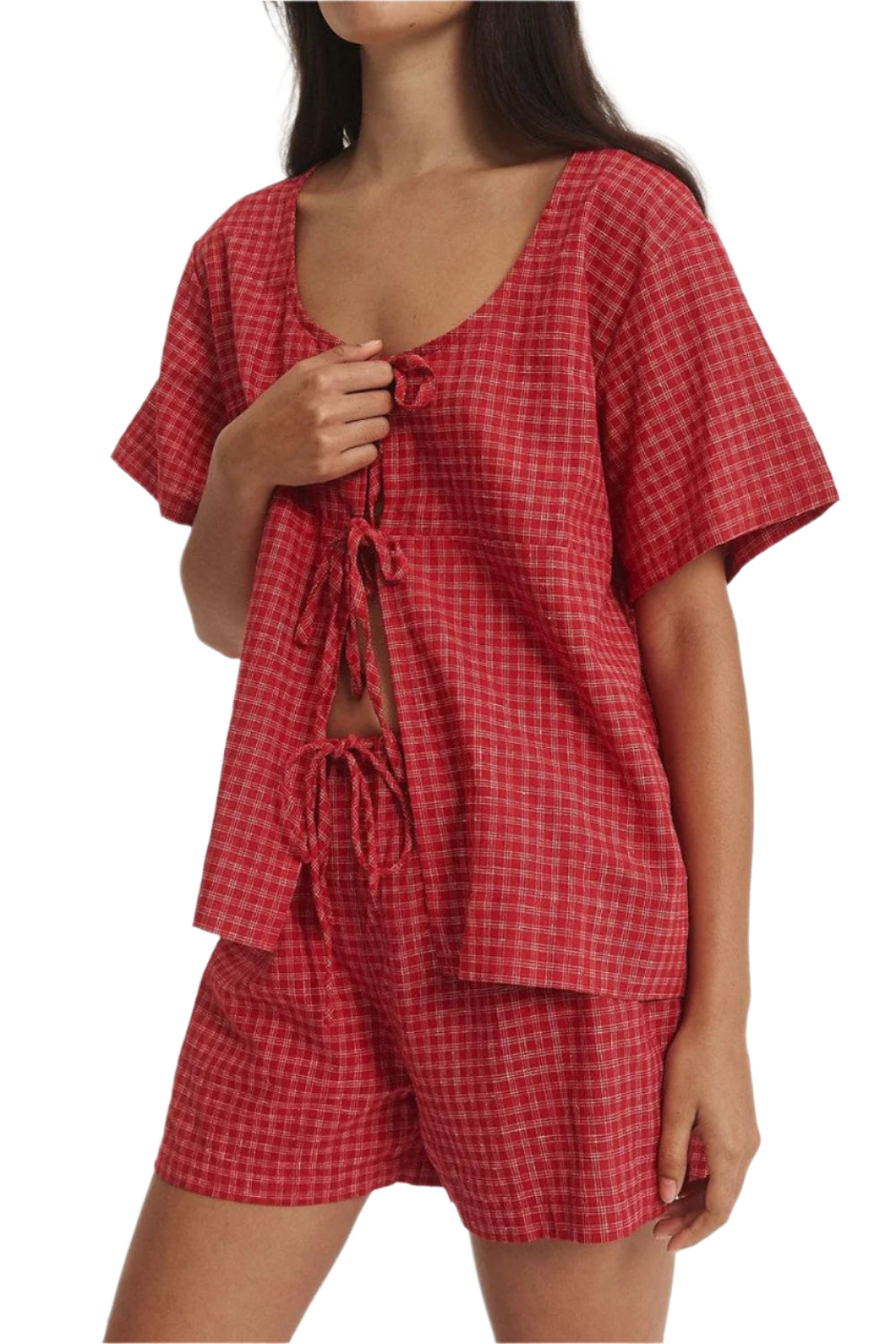 Plaid Tied Scoop Neck Short Sleeve Top and Drawstring Shorts Set