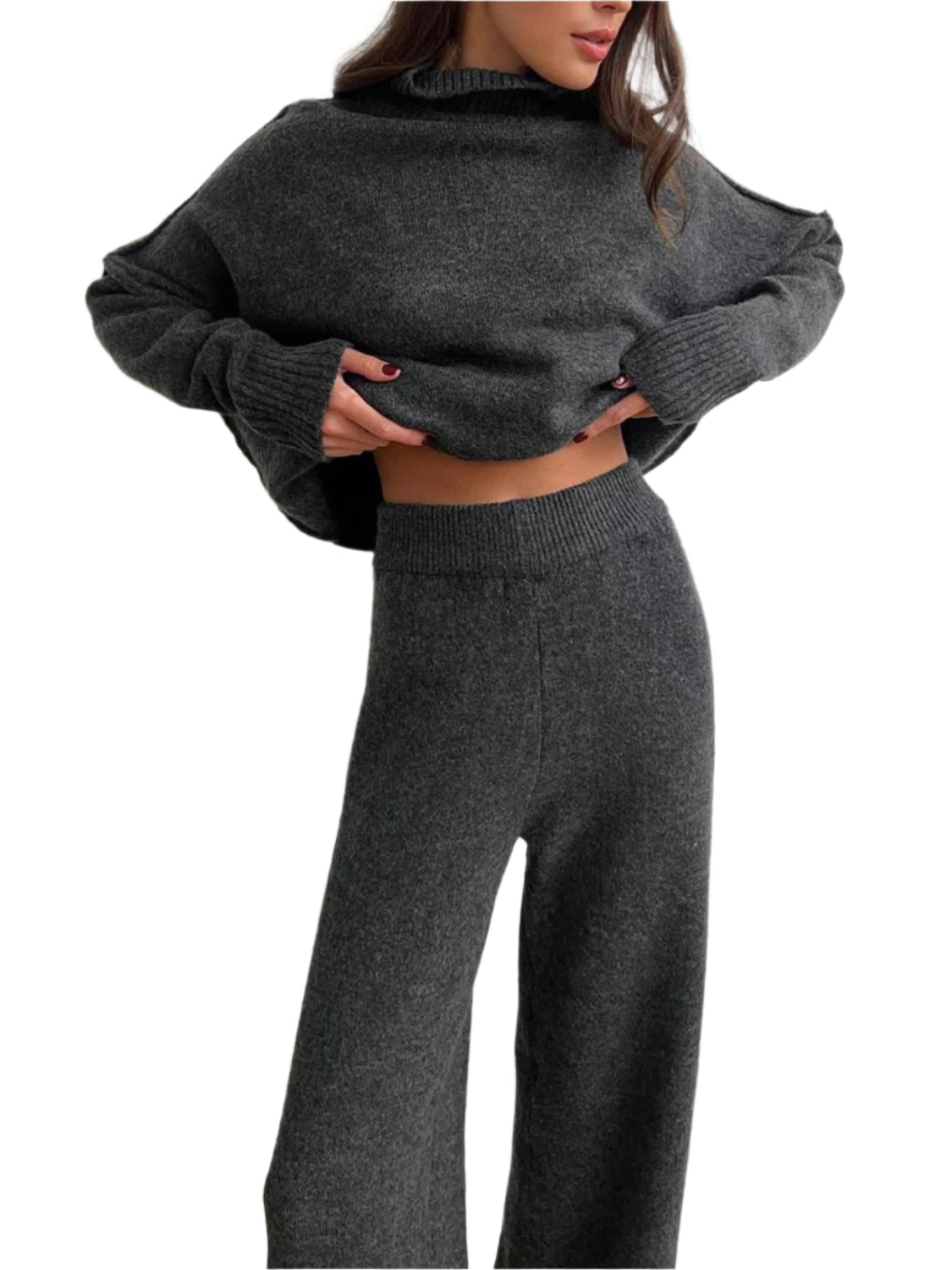 Slit Turtleneck Long Sleeve Top and Pants Sweater Set