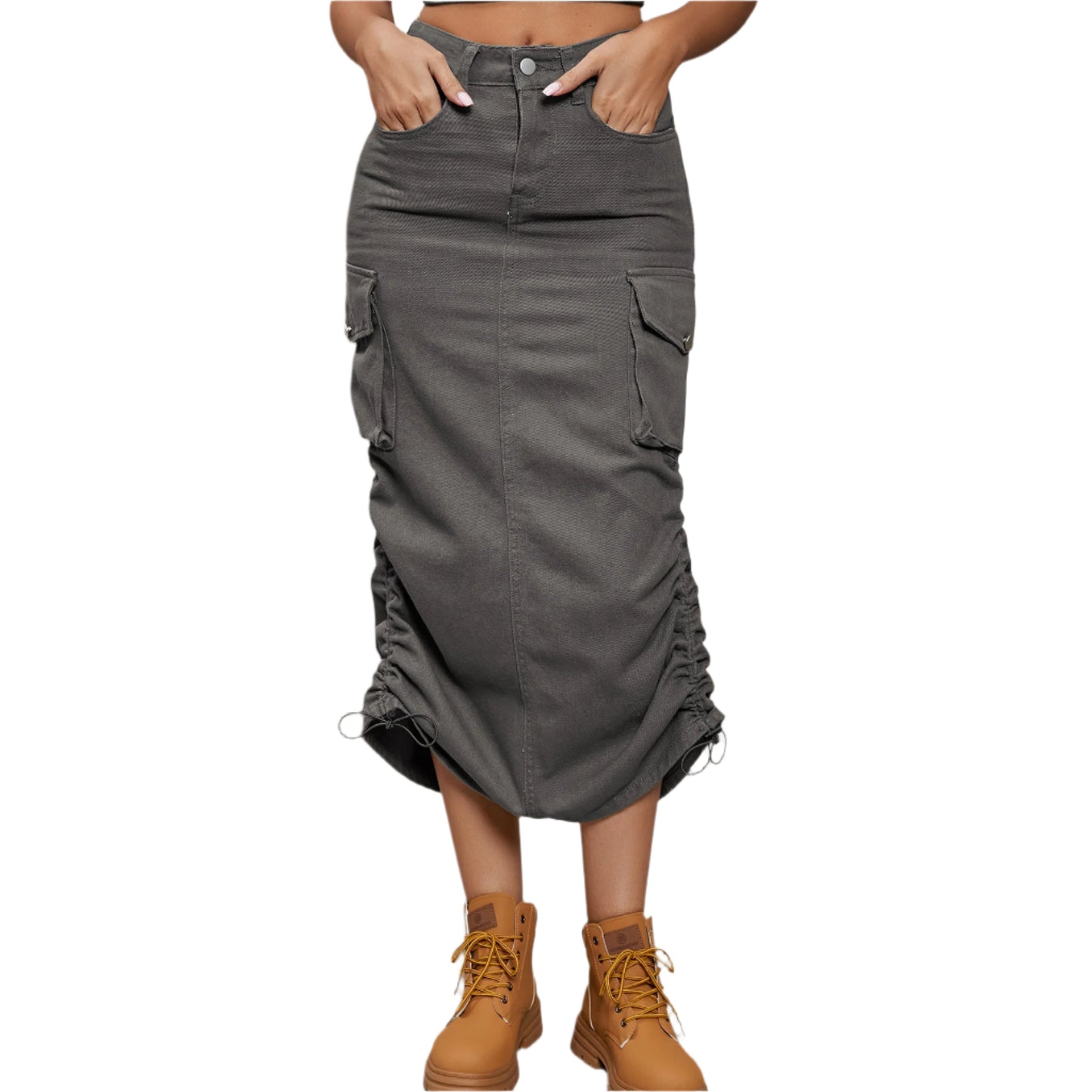 Drawstring Ruched Slit Denim Midi Skirt