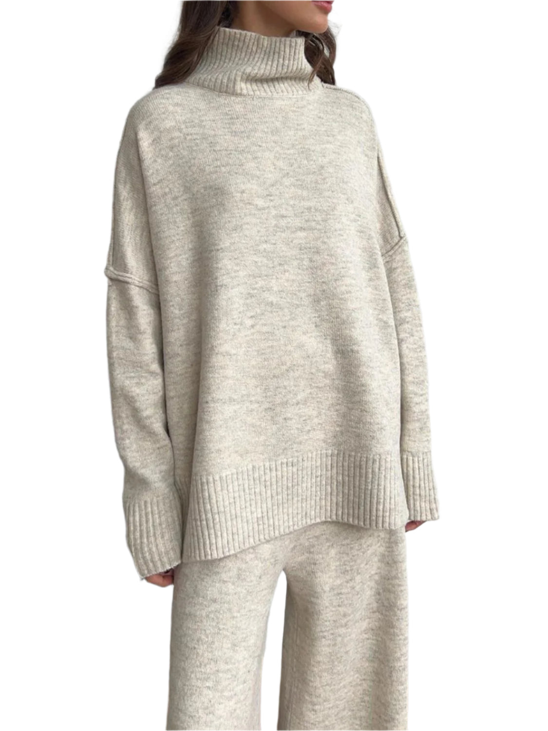 Slit Turtleneck Long Sleeve Top and Pants Sweater Set