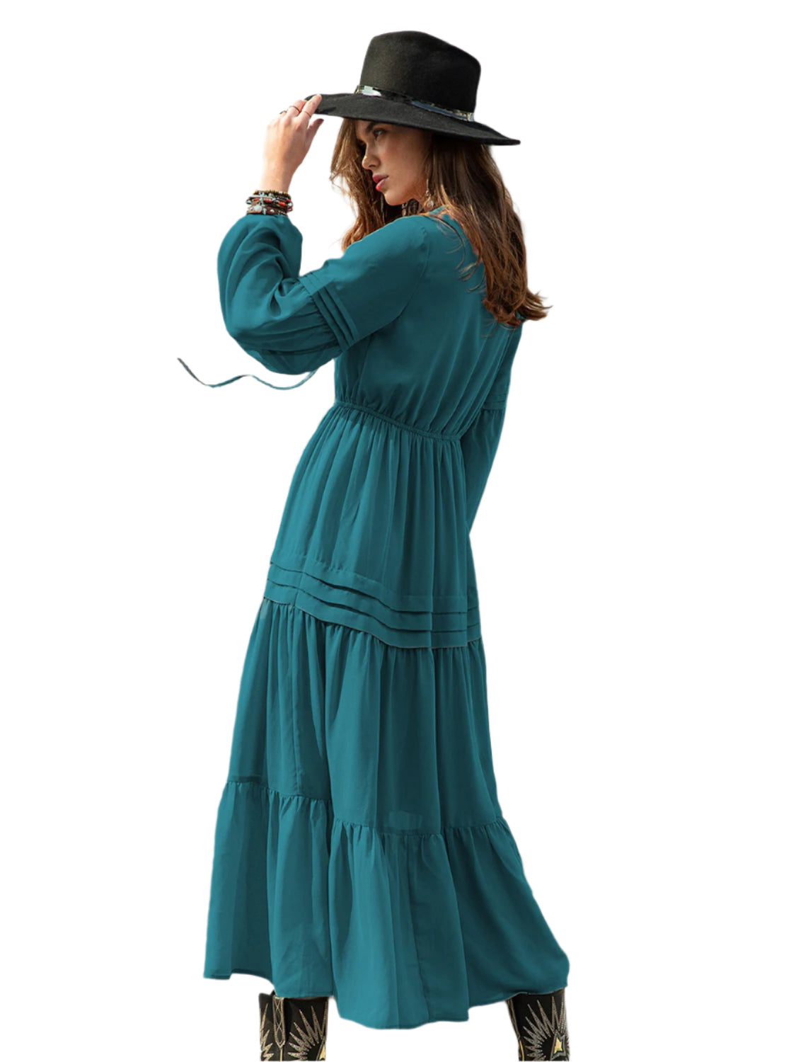 Tie Neck Long Sleeve Midi Tiered Dress