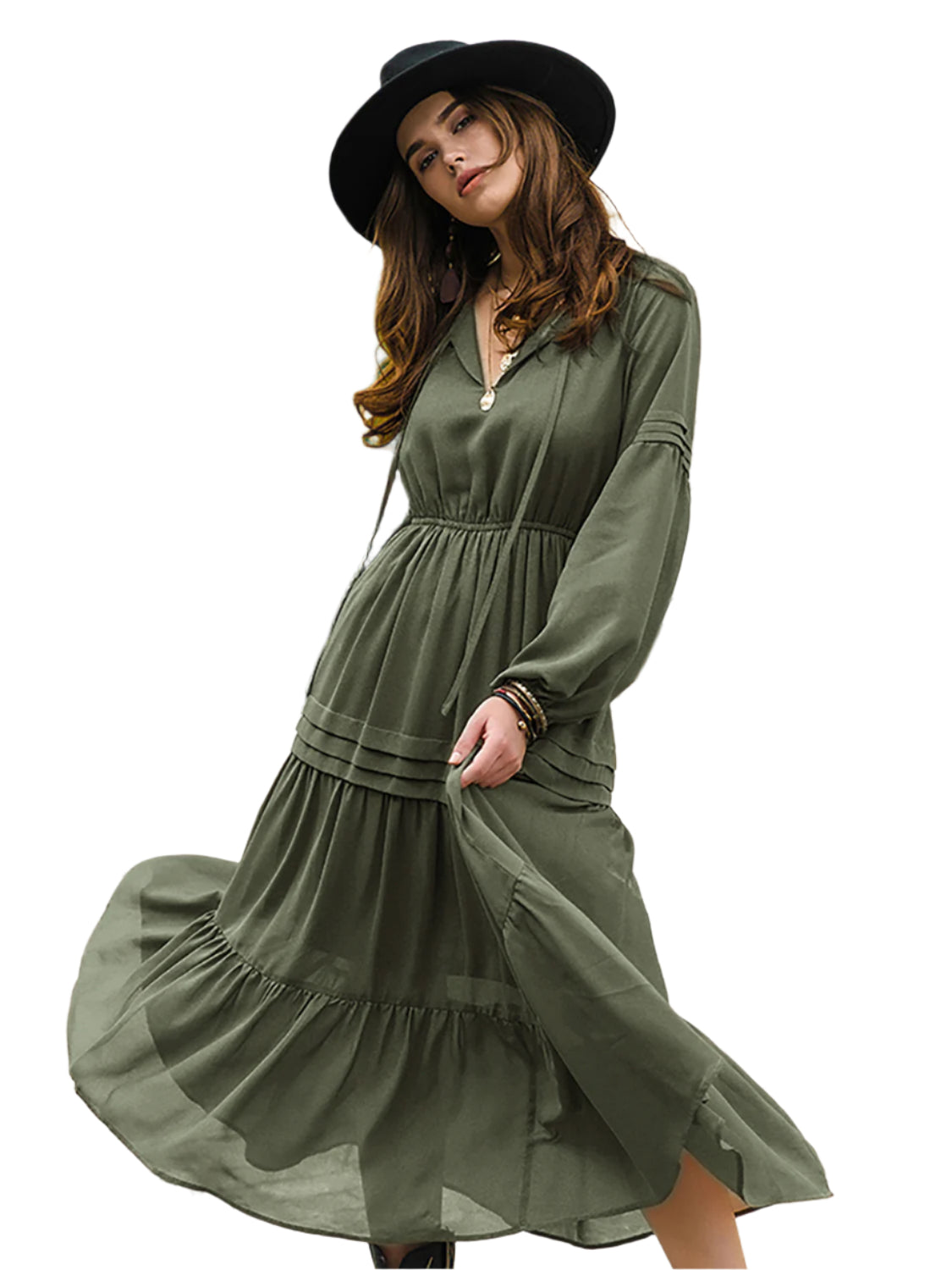 Tie Neck Long Sleeve Midi Tiered Dress