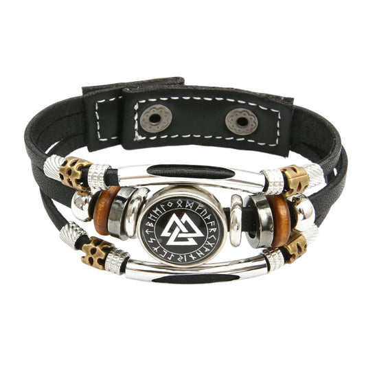 Cowhide Leather Vegvísir or Valknut Glass Pendant Bracelet