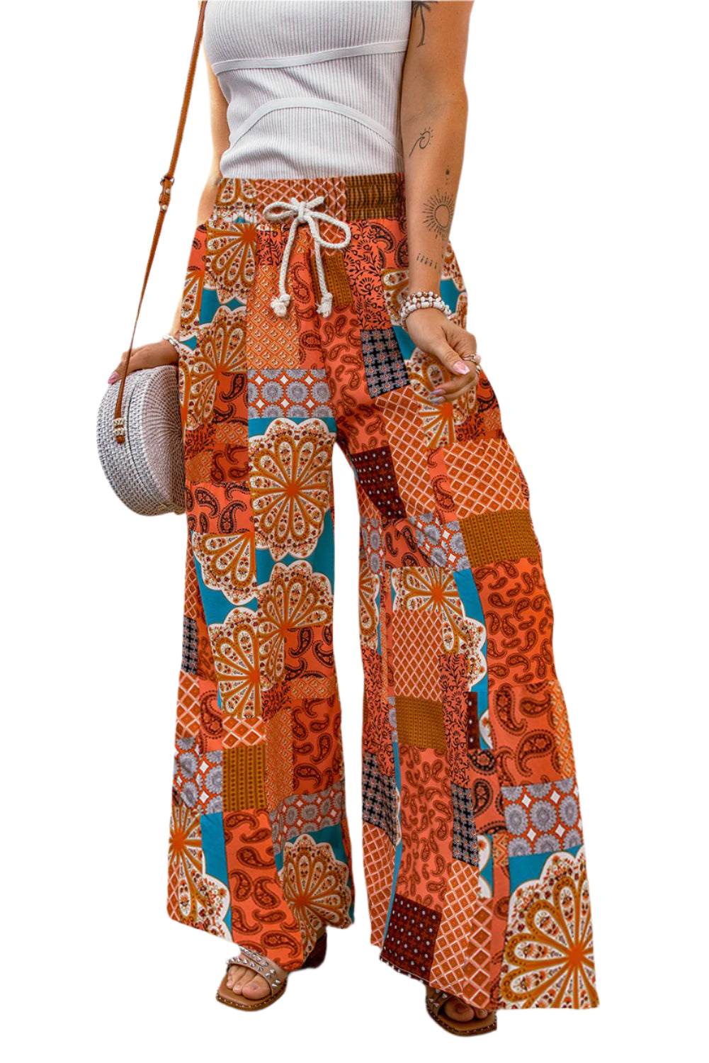 Bohemian Patchwork Drawstring Wide Leg Pants