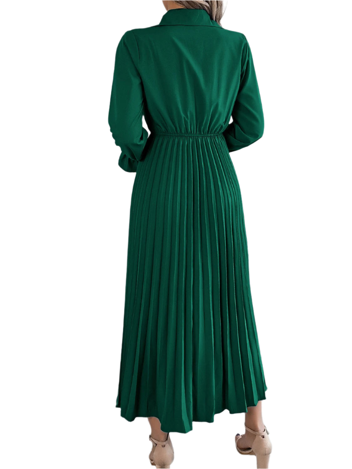 Pleated Half Button Long Sleeve Midi Dress