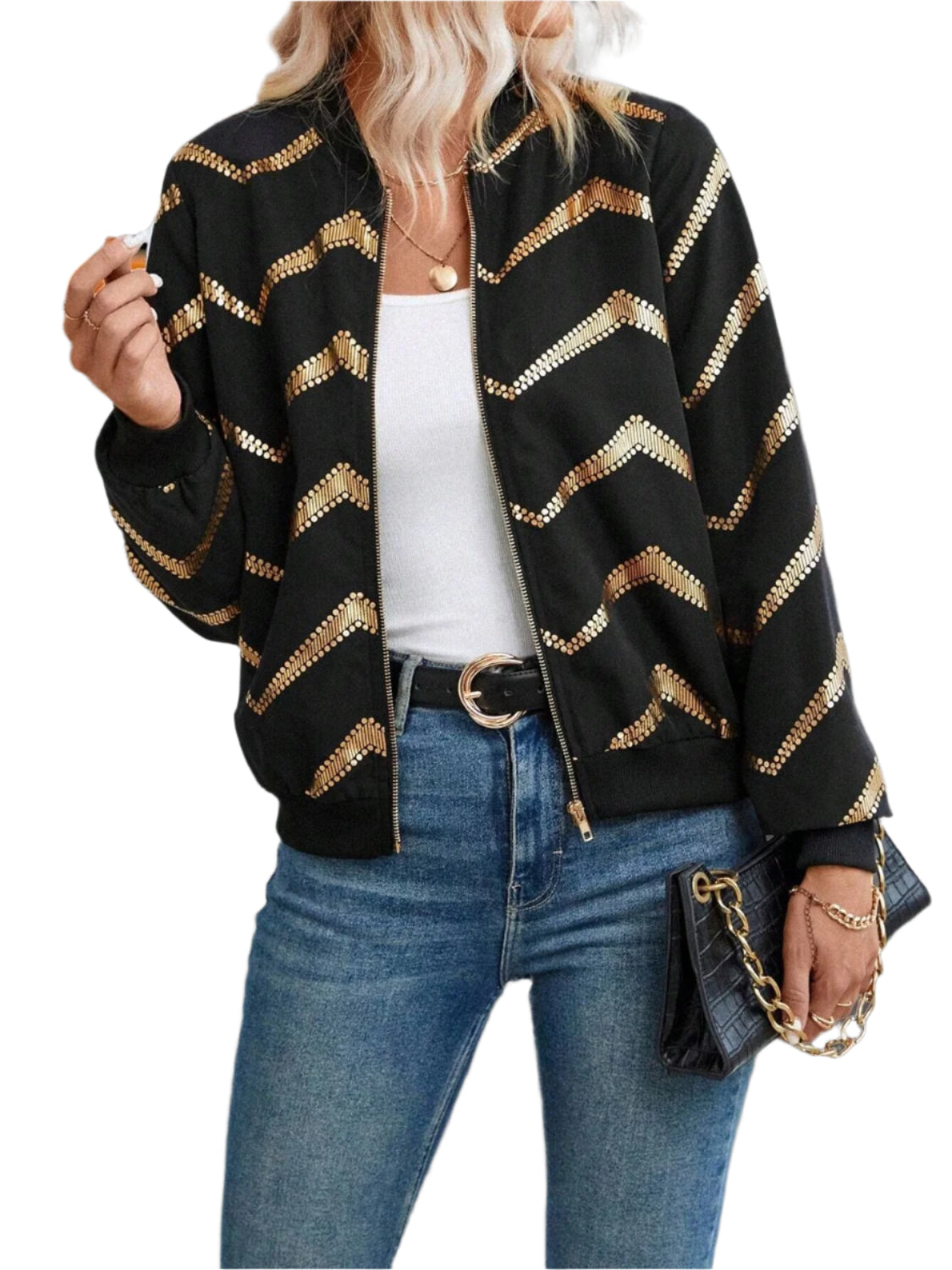 Printed Baseball Collar Zip Up Jacket