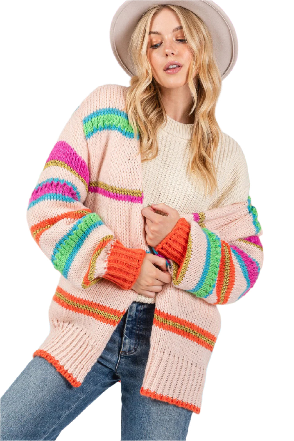 SAGE + FIG Rainbow Striped Open Front Knit Cardigan