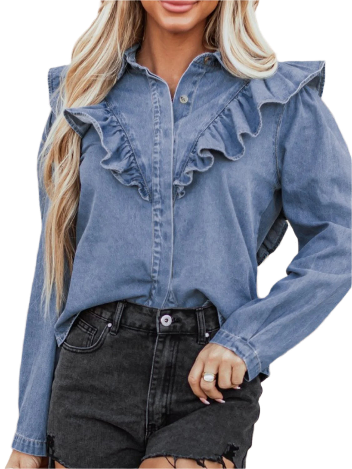 Ruffled Collared Neck Long Sleeve Denim Top