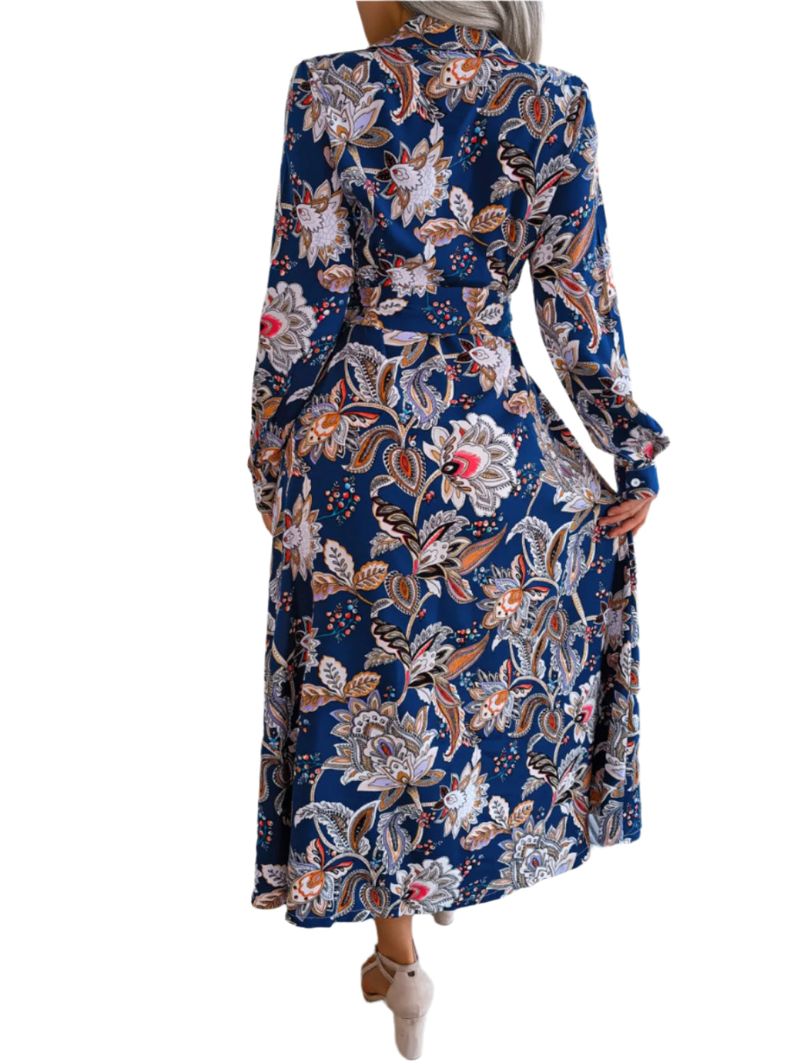 Tied Printed Long Sleeve Midi Dress