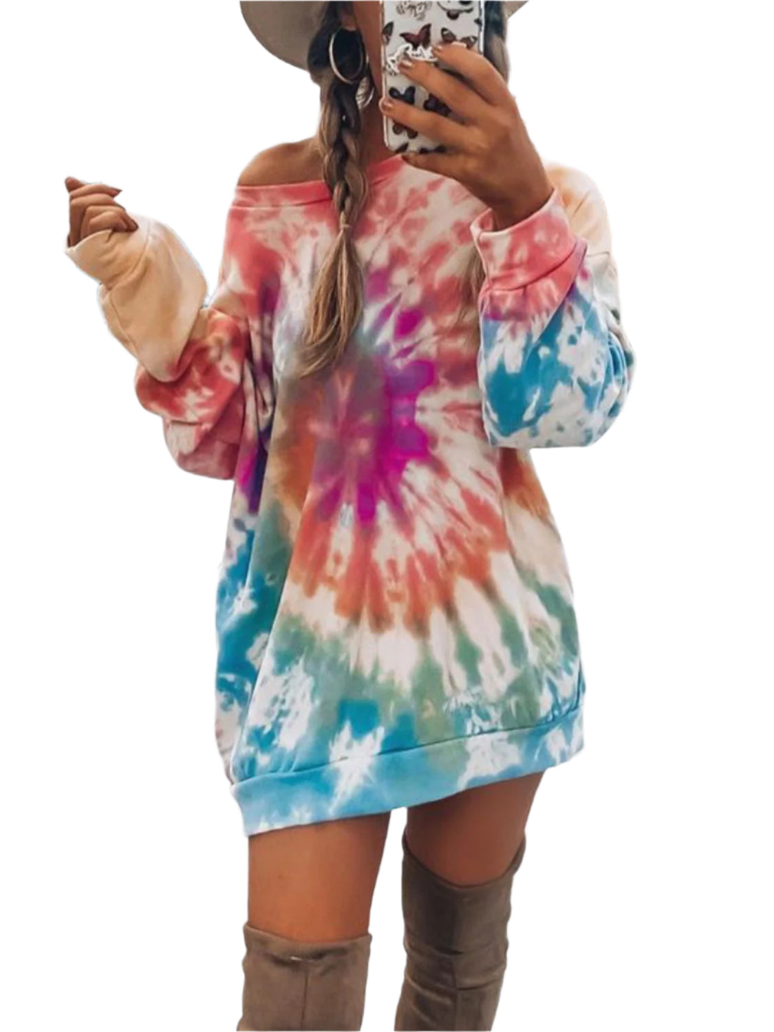 Full Size Tie-Dye Round Neck Long Sleeve Dress