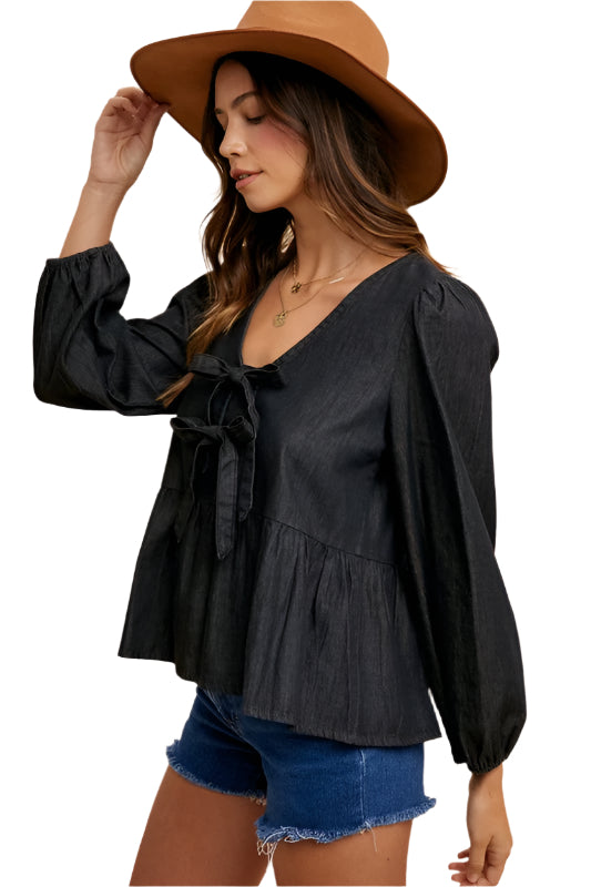 Annie Wear Tie Front Peplum Long Sleeve Denim Top