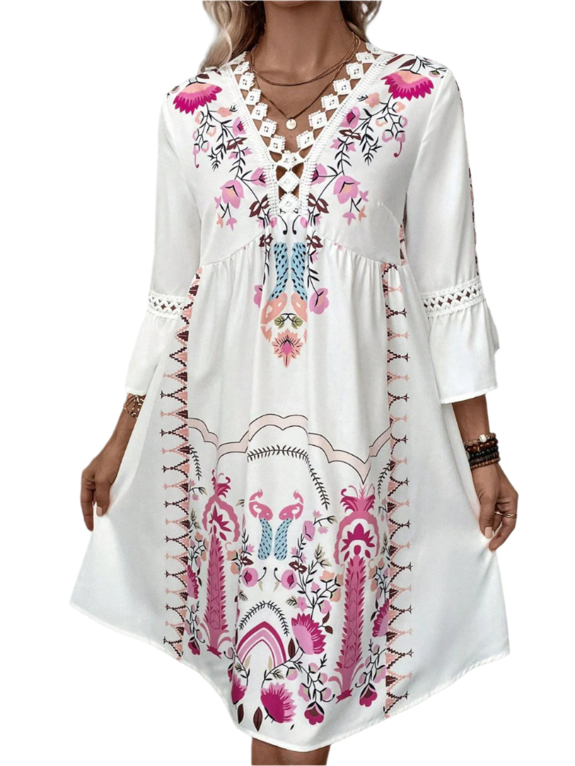 Lace Detail Printed Three-Quarter Sleeve Dress