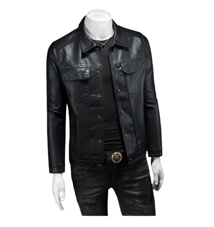 Men's Button Down PU Leather Jacket