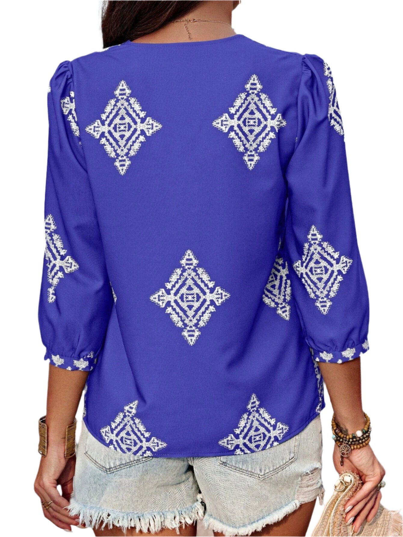 Printed V-Neck Three-Quarter Sleeve Blouse