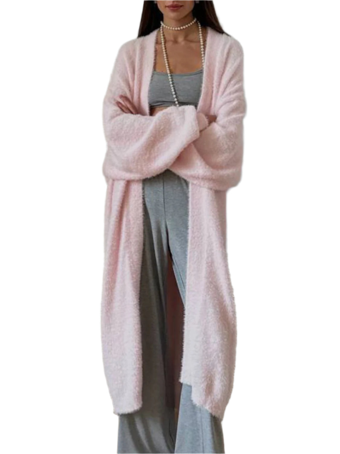 Fuzzy Open Front Solid Color Cardigan