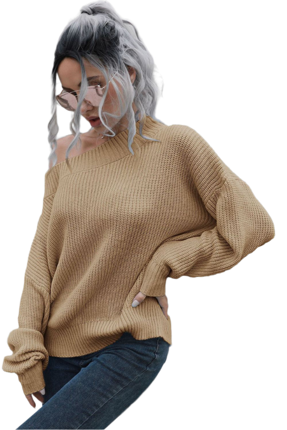Off-Shoulder Ribbed Long Sleeve Pullover Sweater