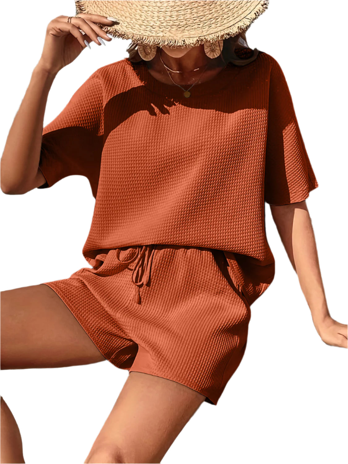 Waffle-Knit Half Sleeve Top and Shorts Set