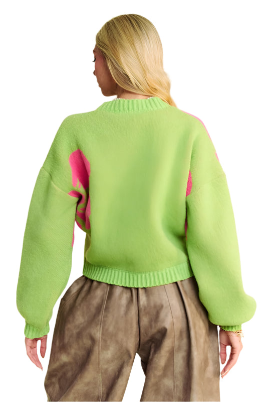 Davi & Dani Flower Contrast Round Neck Long Sleeve Cardigan