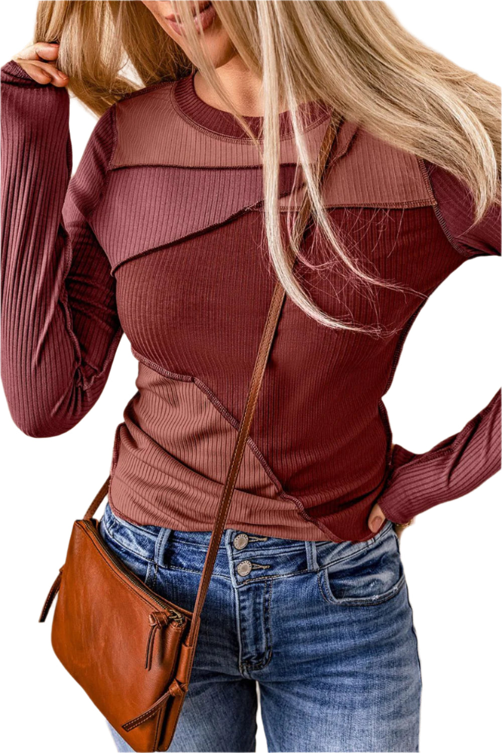 Exposed Seam Contrast Round Neck Long Sleeve T-Shirt