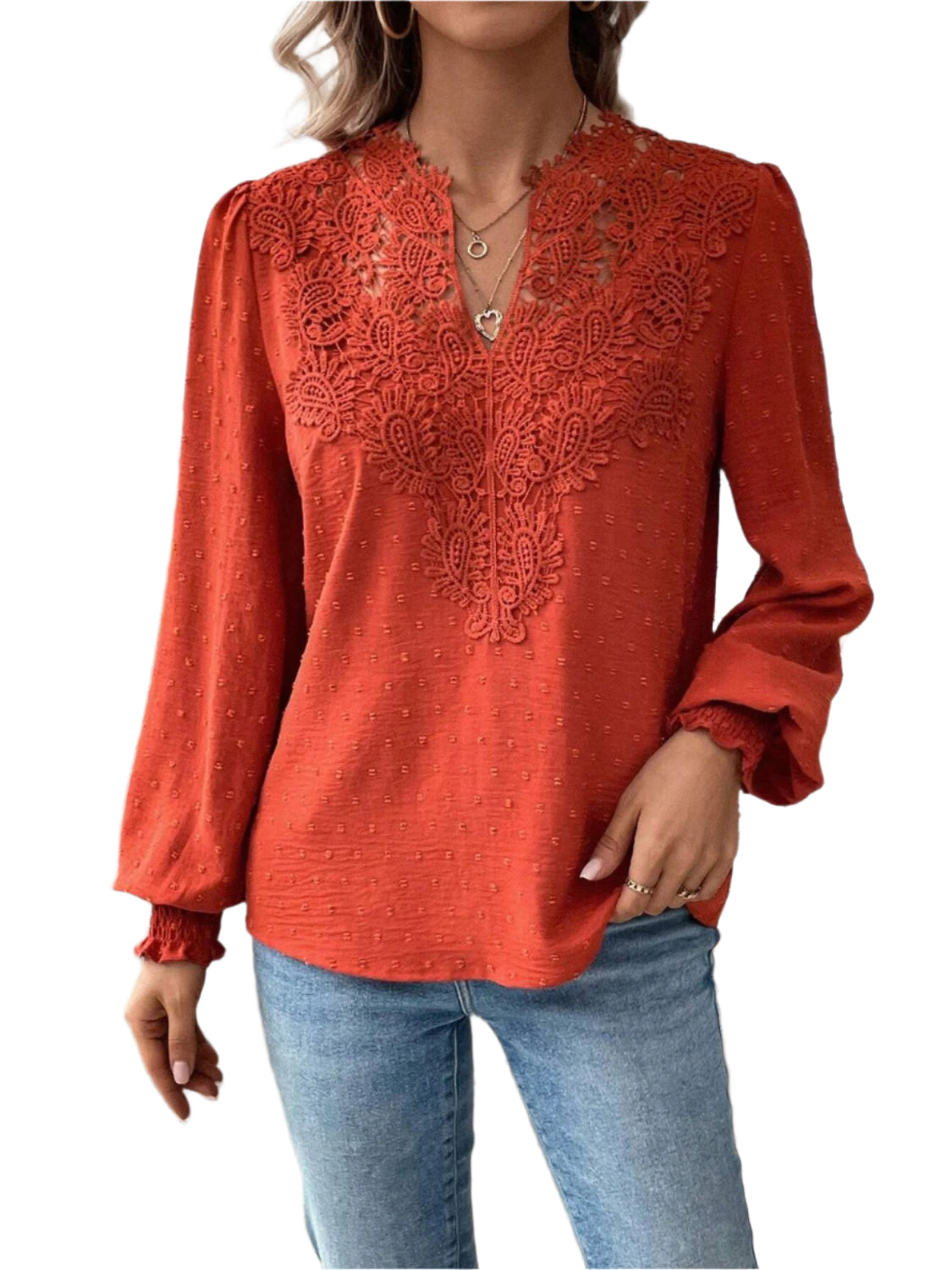 Swiss Dot Lace Detail Notched Long Sleeve Blouse