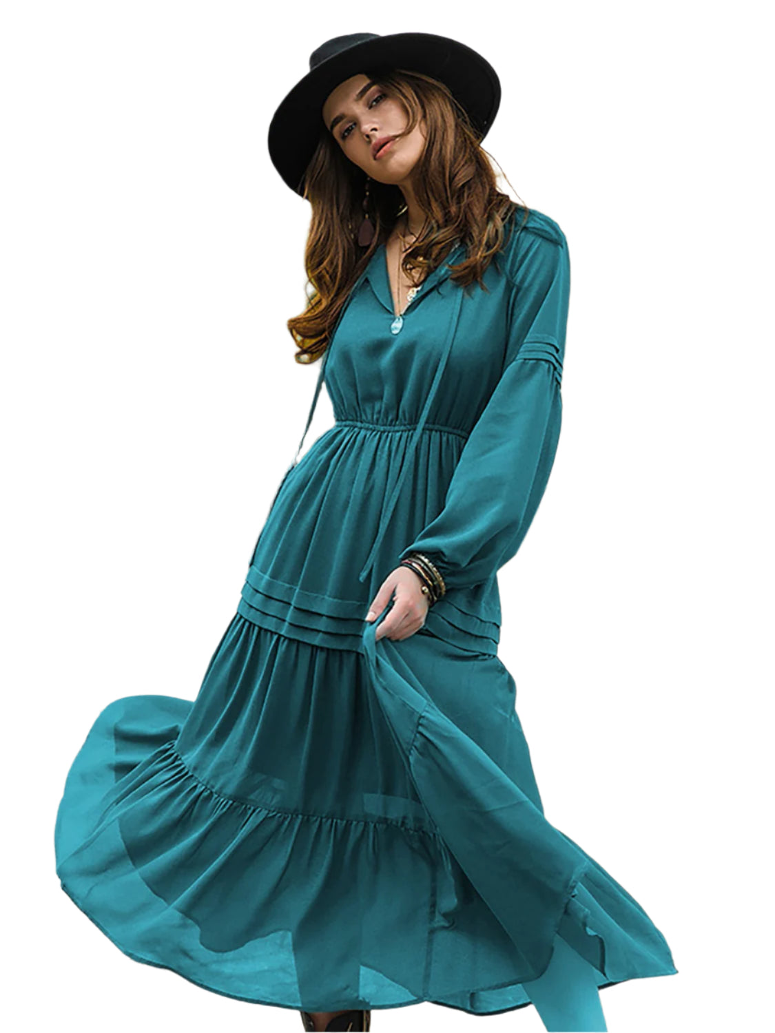 Tie Neck Long Sleeve Midi Tiered Dress