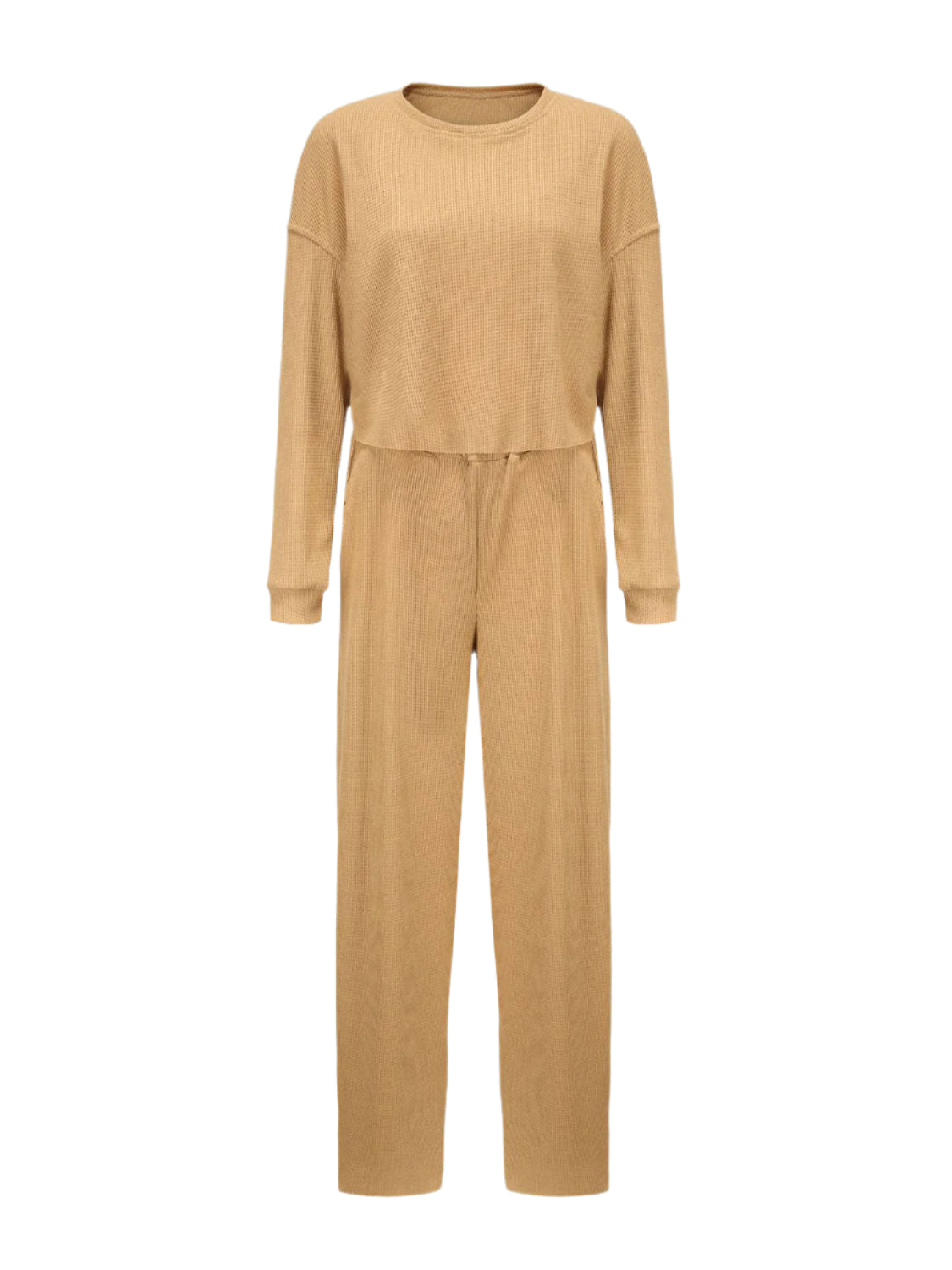 Waffle-Knit Round Neck Top and Pants Set