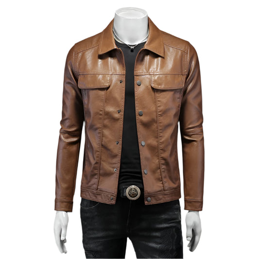 Men's Button Down PU Leather Jacket