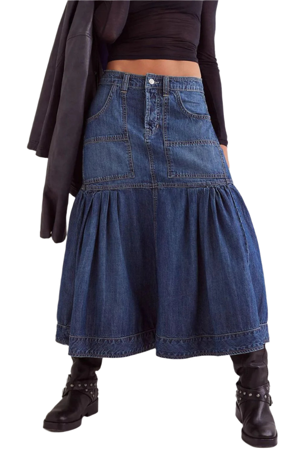 Midi Denim Skirt with Pockets