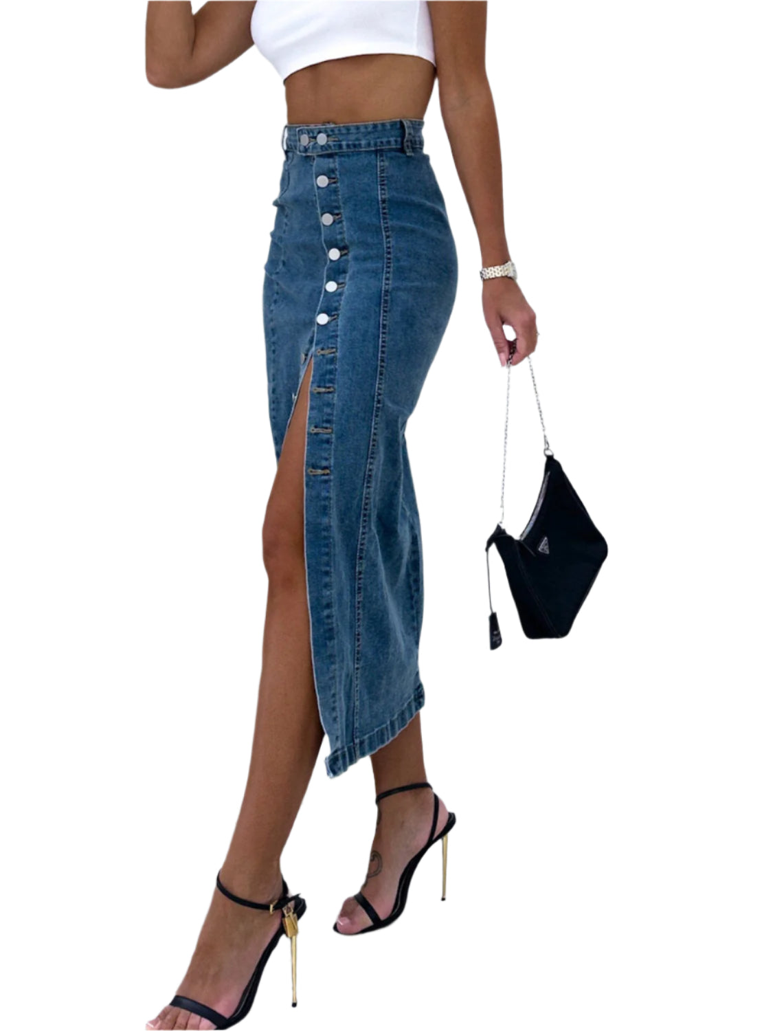 Slit Button Up Midi Denim Skirt