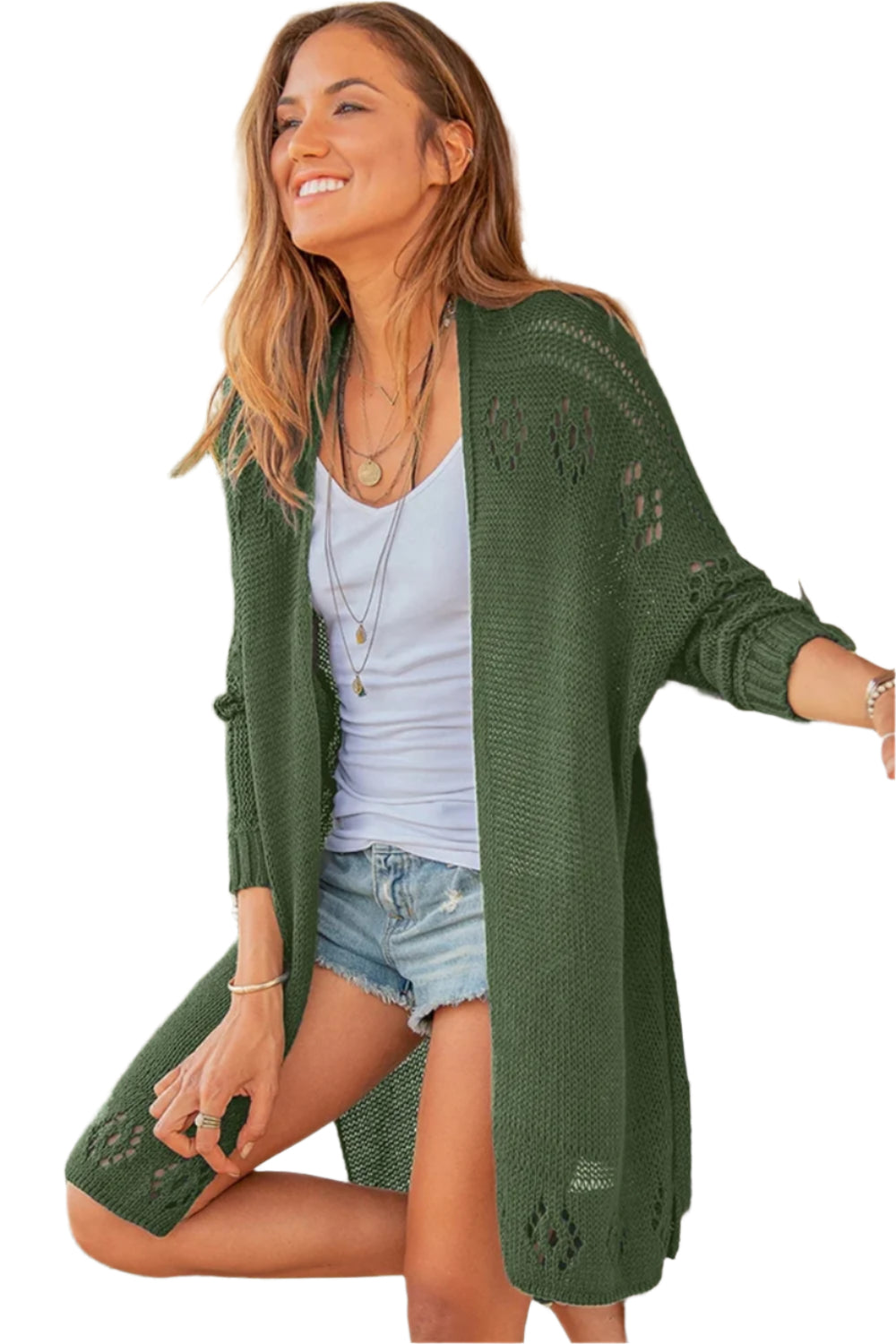 Openwork Side Slit Open Front Long Sleeve Cardigan