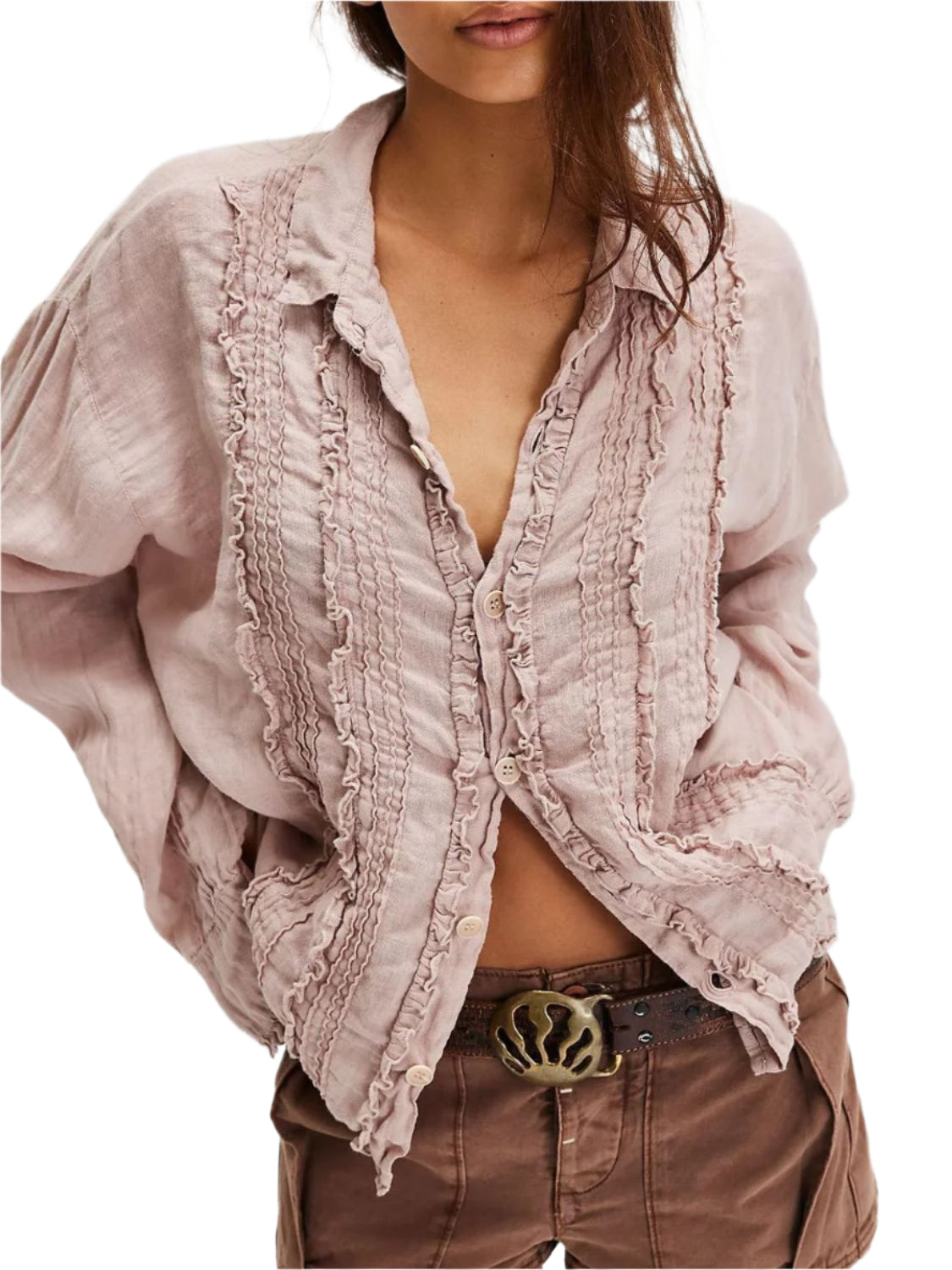 Frill Ruched Collared Neck Long Sleeve Shirt