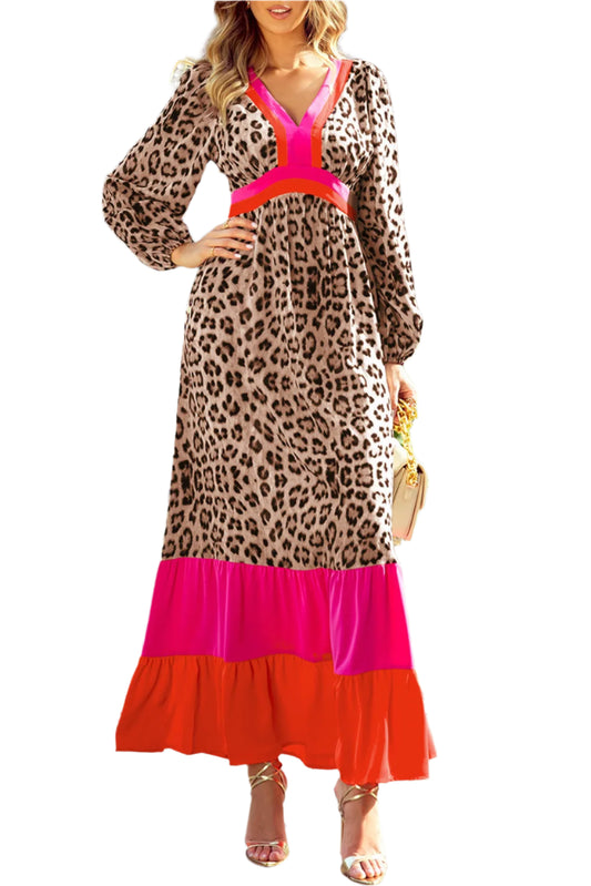 Leopard V-Neck Long Sleeve Maxi Dress