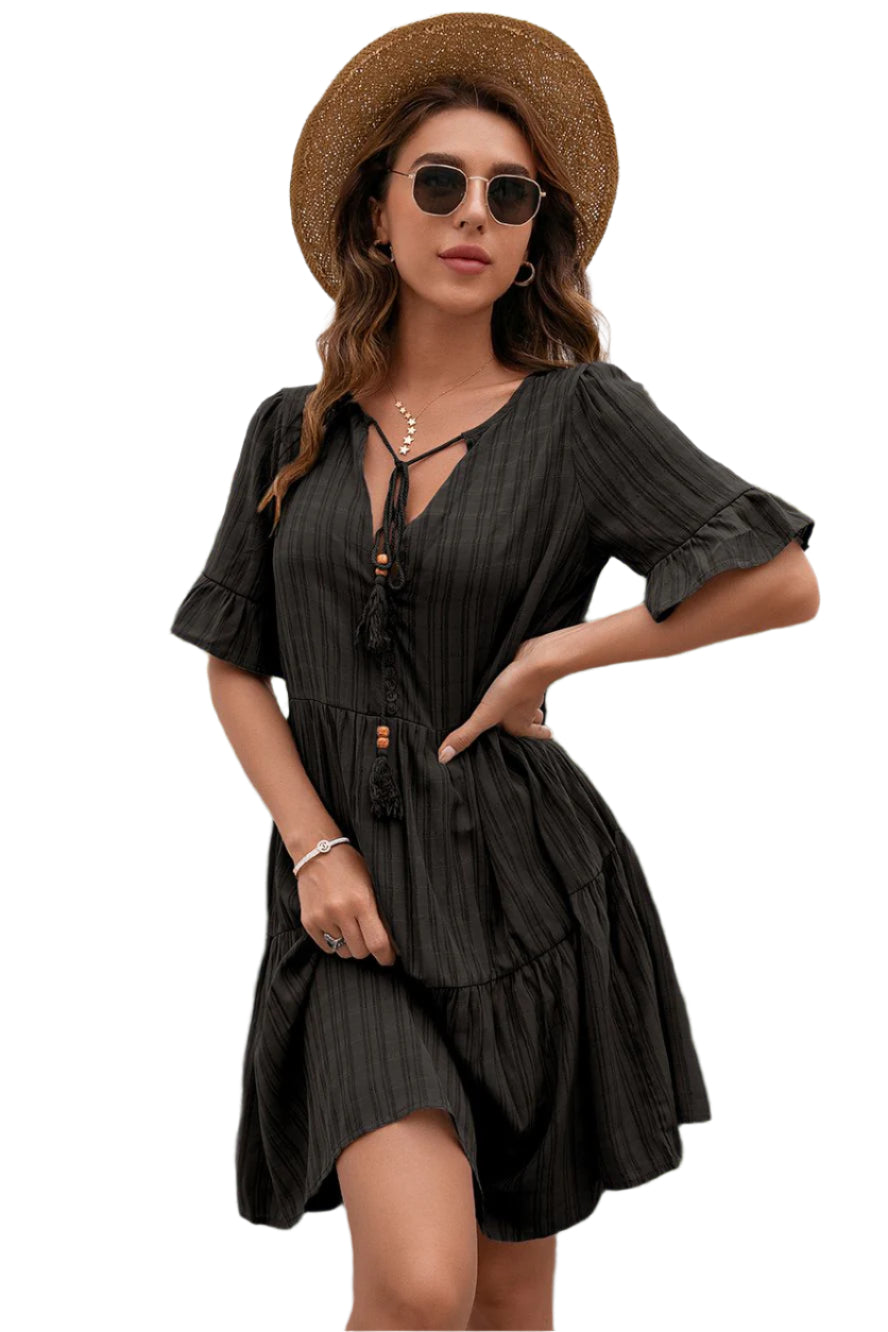 Ivy Lane Tassel Tie-Neck Ruffle Hem Dress