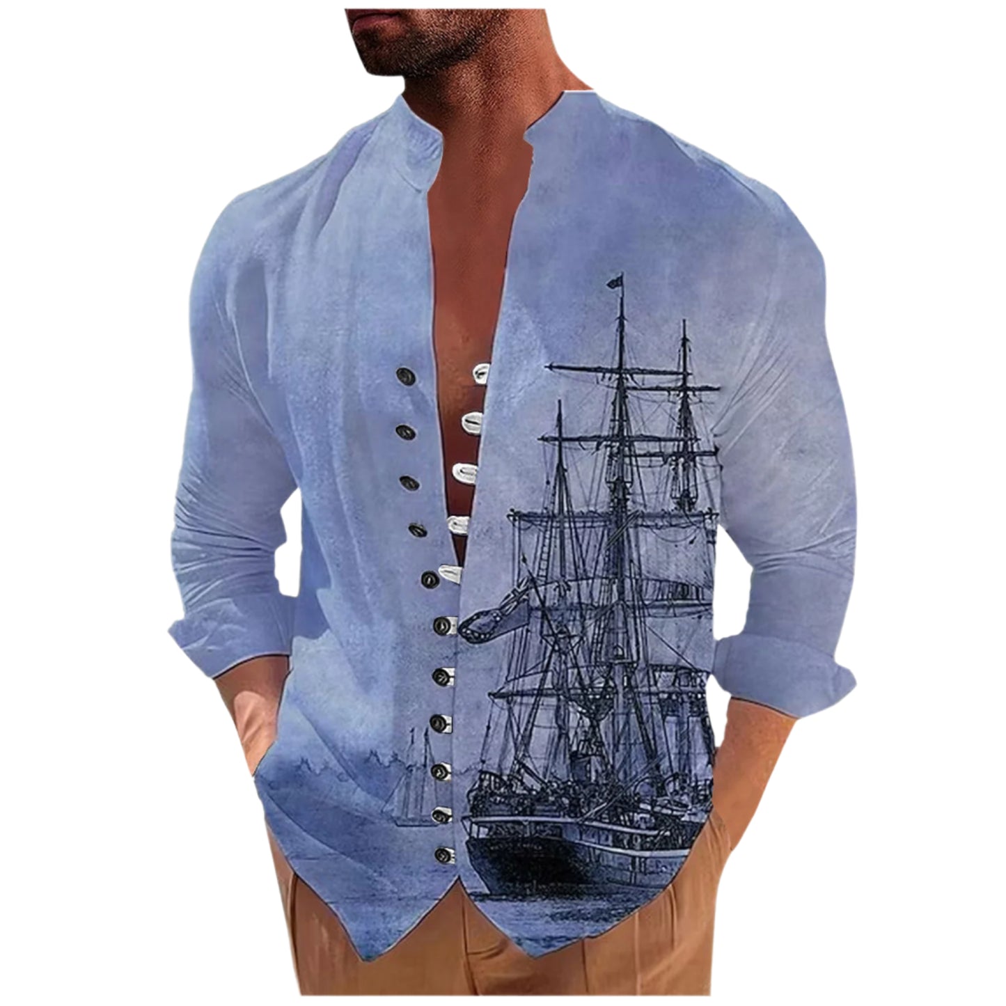 Men's 3D Vintage Print Long Ship Collard Long Sleeve Button Down Shirt