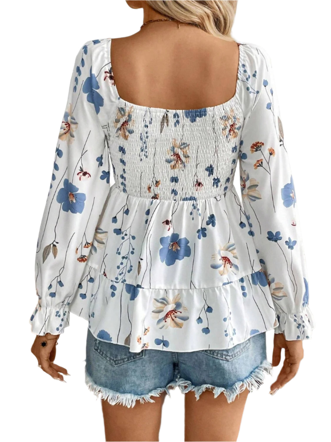 Smocked Floral Scoop Neck Flounce Sleeve Blouse