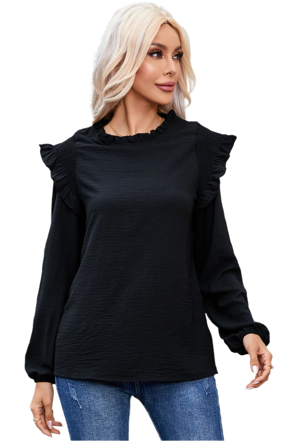 Frill Mock Neck Ruffled Balloon Sleeve Blouse