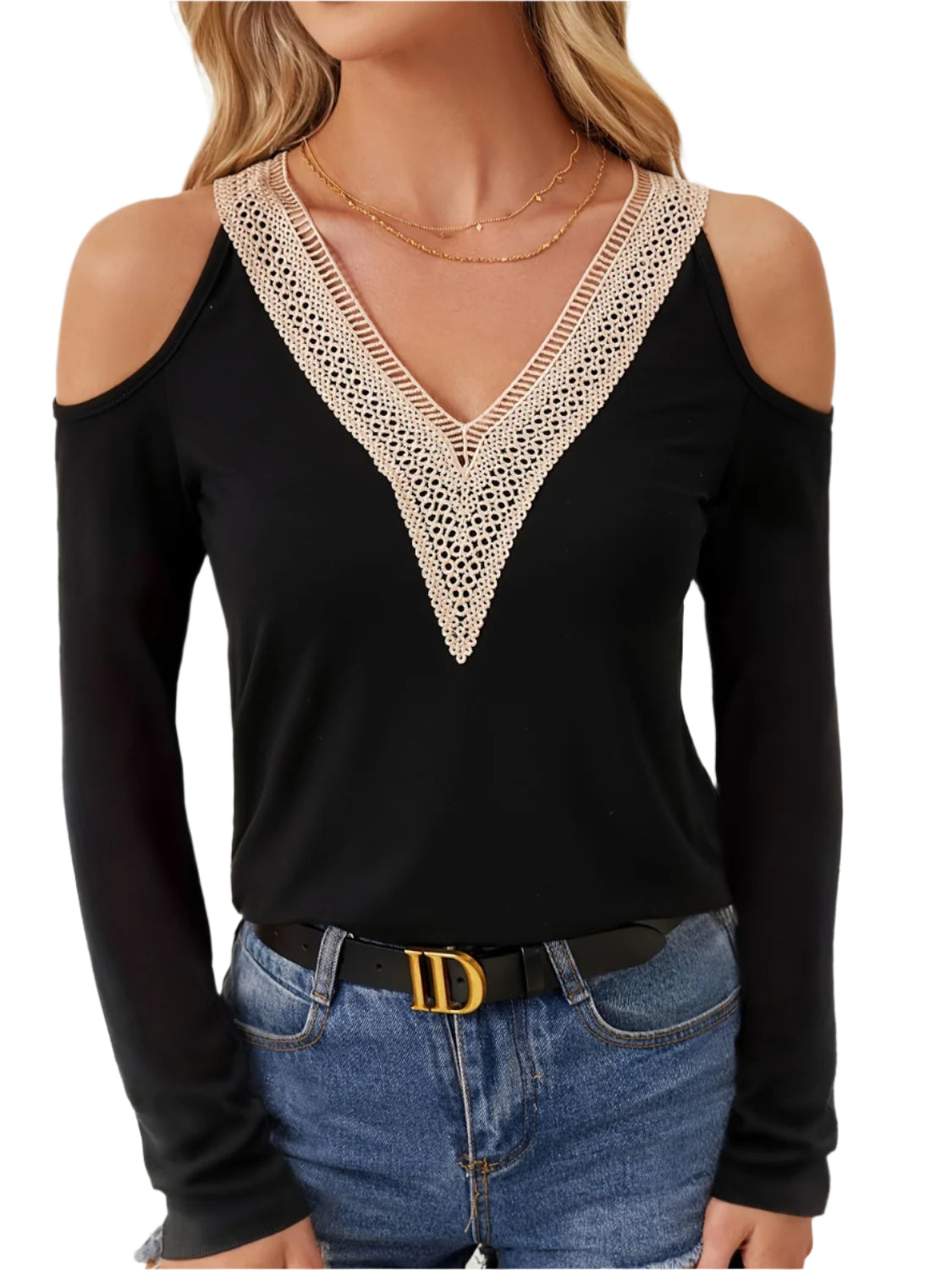 V-Neck Cold Shoulder Long Sleeve T-Shirt