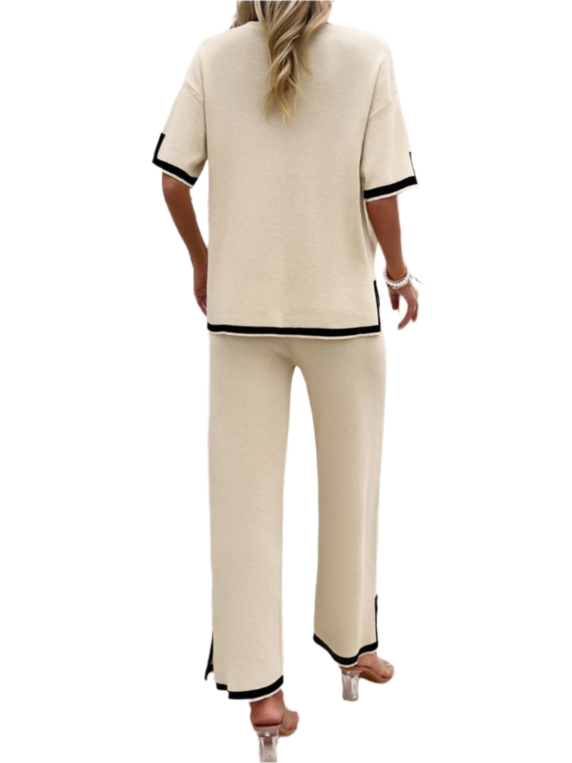 Devine Contrast Trim Round Neck Top and Pants Set