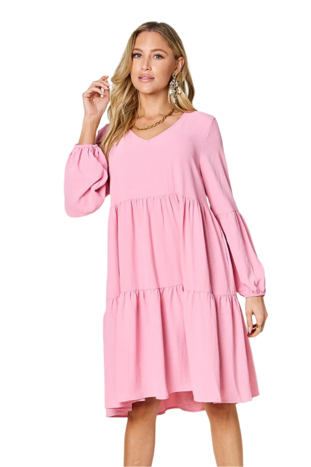 Double Take Full Size V-Neck Balloon Sleeve Tiered Dress with Pockets