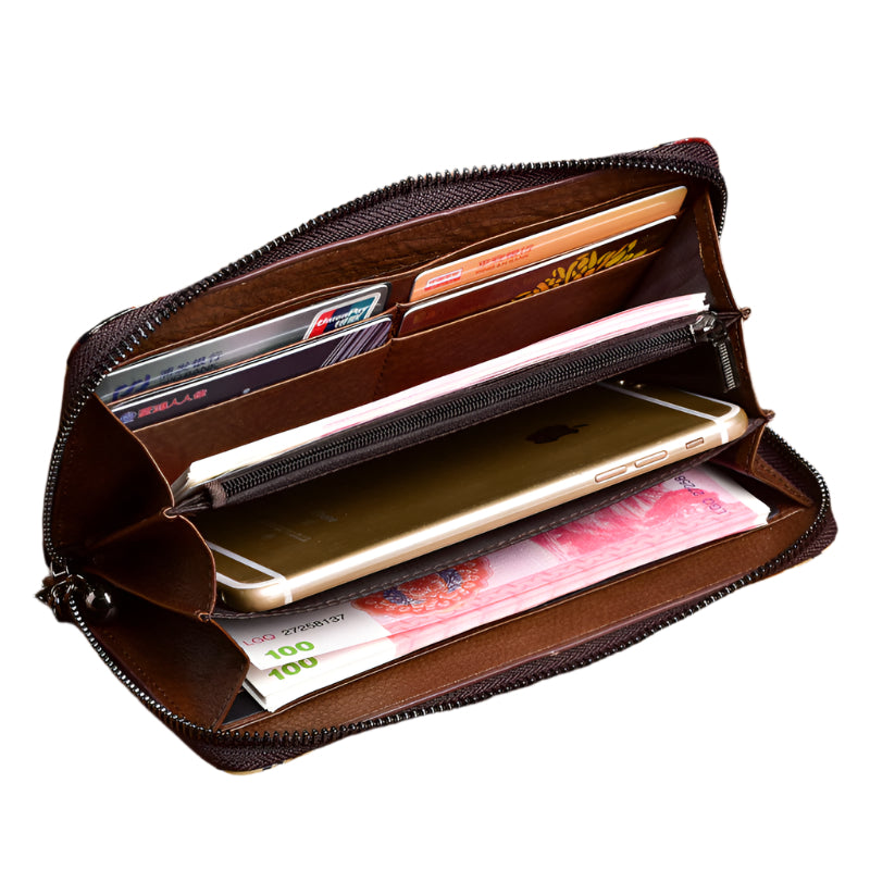Cowhide Floral Zippered Wallet with Built-in Strap