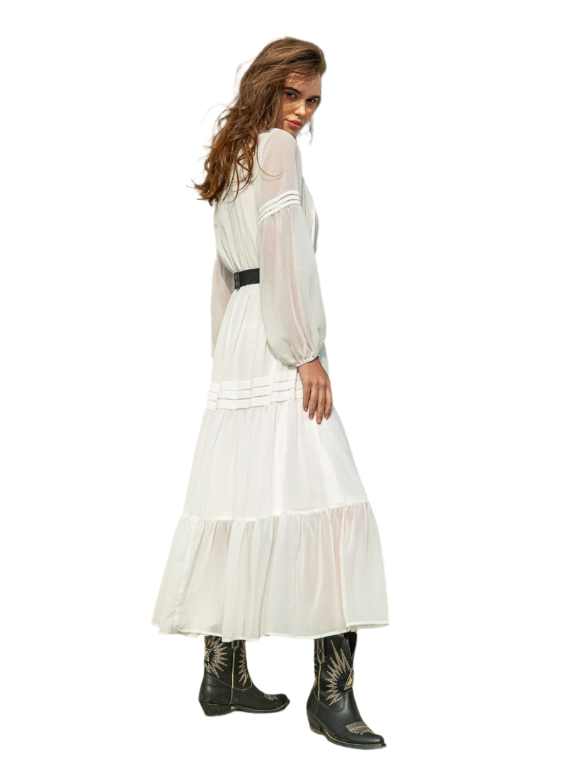 Tie Neck Long Sleeve Midi Tiered Dress