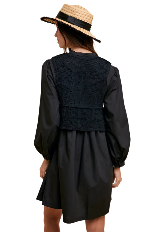 Annie Wear Crochet Vest Notched Long Sleeve Shirt Dress