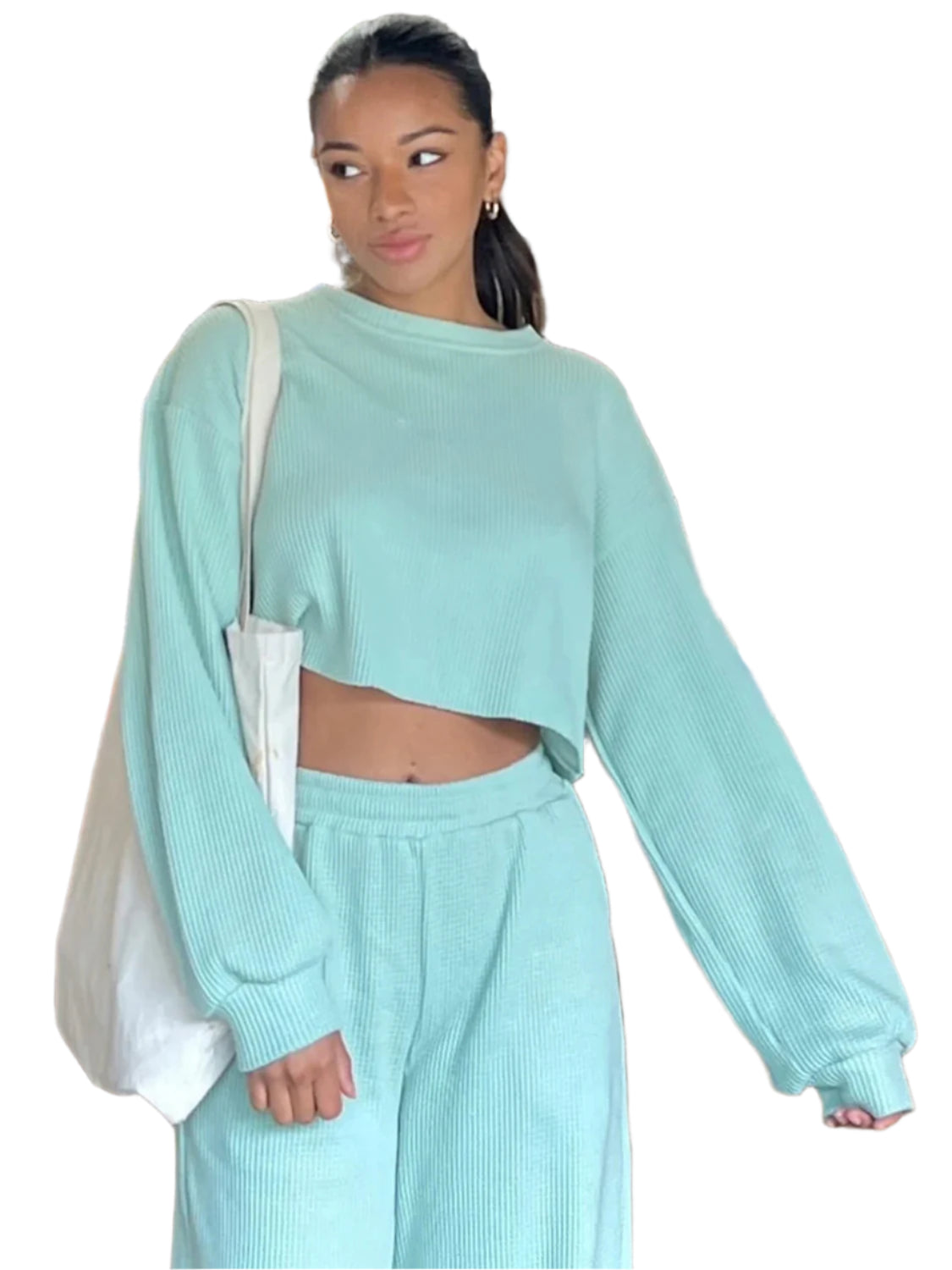 Waffle-Knit Round Neck Top and Pants Set