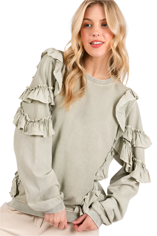 Mittoshop Ruffled Mineral Washed Round Neck Long Sleeve Sweatshirt