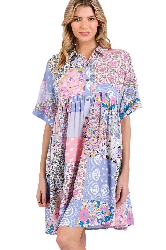 SAGE + FIG Floral Collared Neck Half Sleeve Mini Shirt Dress