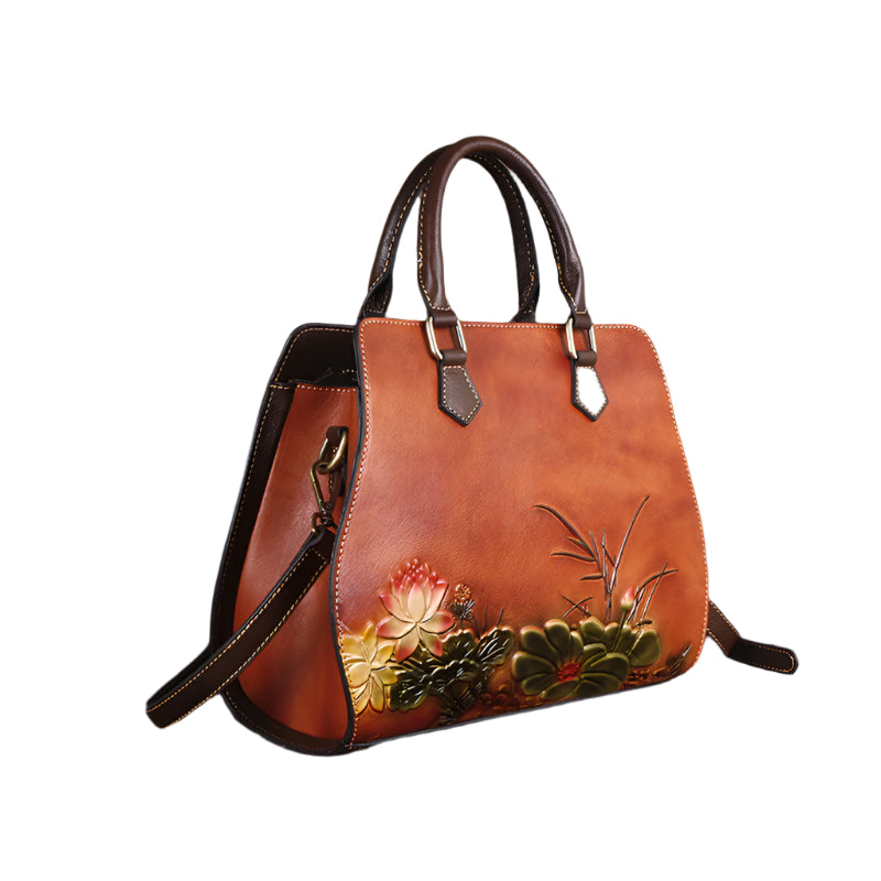 Cowhide Lotus Motif Handbag