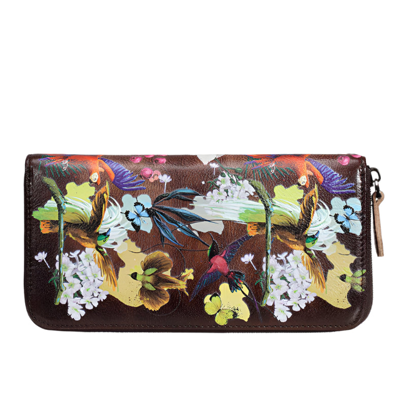 Birds and Flowers Painted Cowhide Leather Wallet