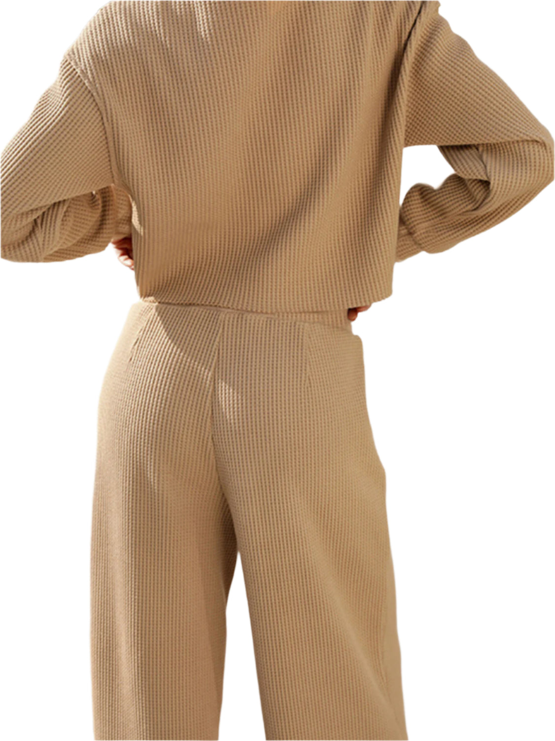 Waffle-Knit Round Neck Top and Pants Set