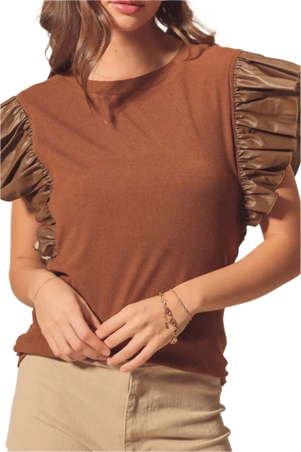 Ruffled Round Neck Cap Sleeve Blouse