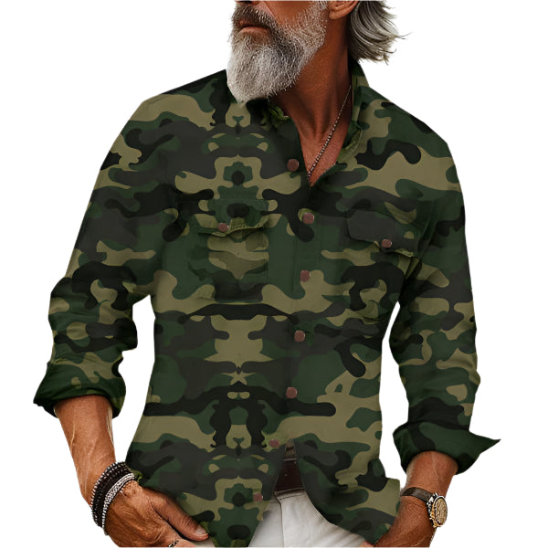 Men's Camouflage Long Sleeve Button Down Collared Shirt